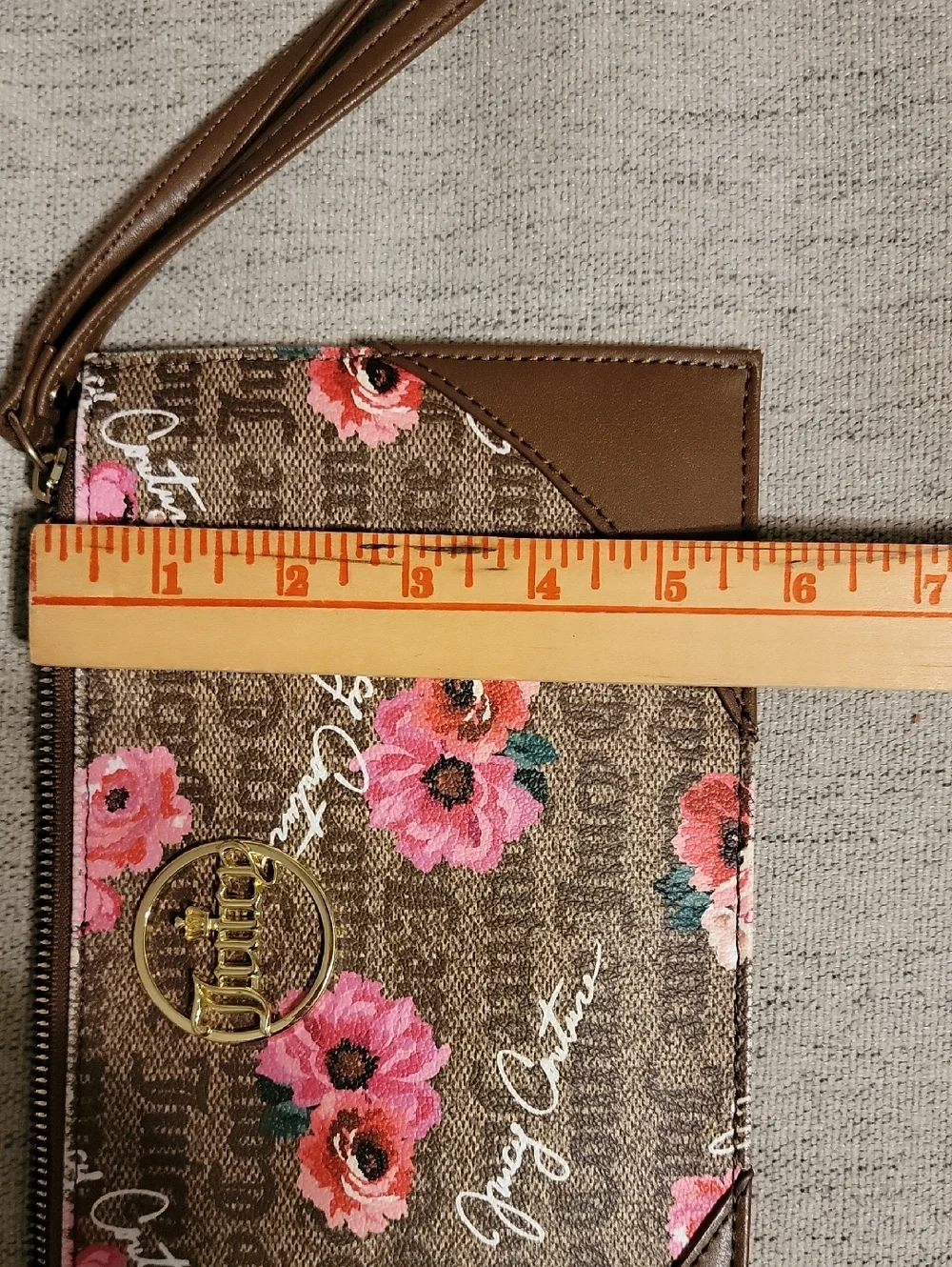 Floral Brown Wristlet Clutch with Gold Emblem - Picture 10 of 11